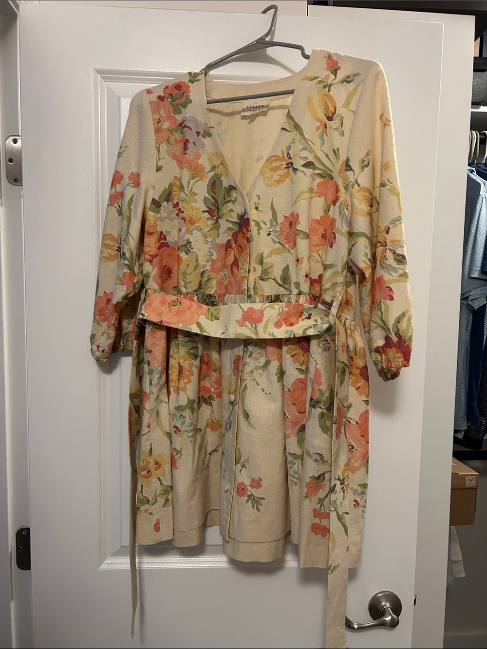 Sézane Cream Mini Dress with Peach & Yellow Floral Print